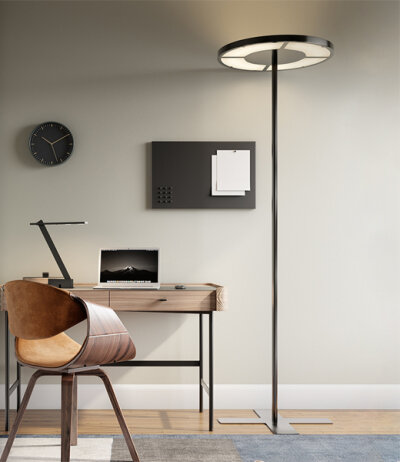 Byok Rotonda moderne LED-Stehleuchte Arbeitsplatzleuchte im Industriedesign mit rundem flachen Leuchtenkopf dimmbar via Taster Tageslicht-/Präsenzsensorik optional verfügbar