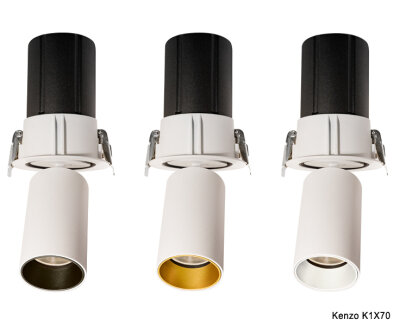 Neko Lighting Kenzo runde LED-Deckeneinbauleuchte mit dreh-/schwenk- und versenkbarem Leuchtenkopf LED 3000K CRI90 Einbautiefe 62mm f&uuml;r Deckenst&auml;rken 1-25mm