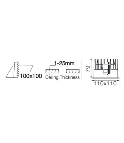 Neko Lighting Takeo TS100 lichtstarke quadratische nicht verstellbare LED-Einbauleuchte mit hohem Sehkomfort &Oslash;110mm LED 15W 3000K CRI90 f&uuml;r Deckenst&auml;rken von 1-25mm